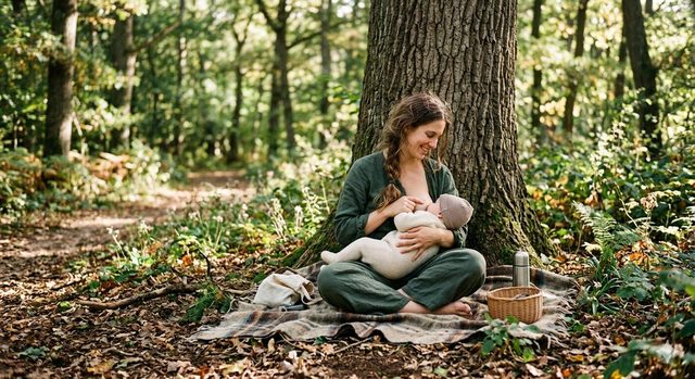 Mutter stillt ihr Baby geborgen im Wald
